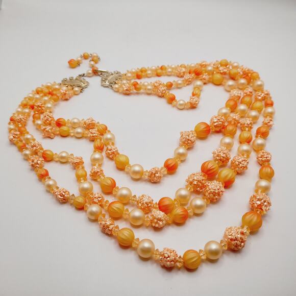 Vintage Hong Kong Lucite Necklace 4-Strand 22" Orange Peach Multi Bead - Picture 5 of 11